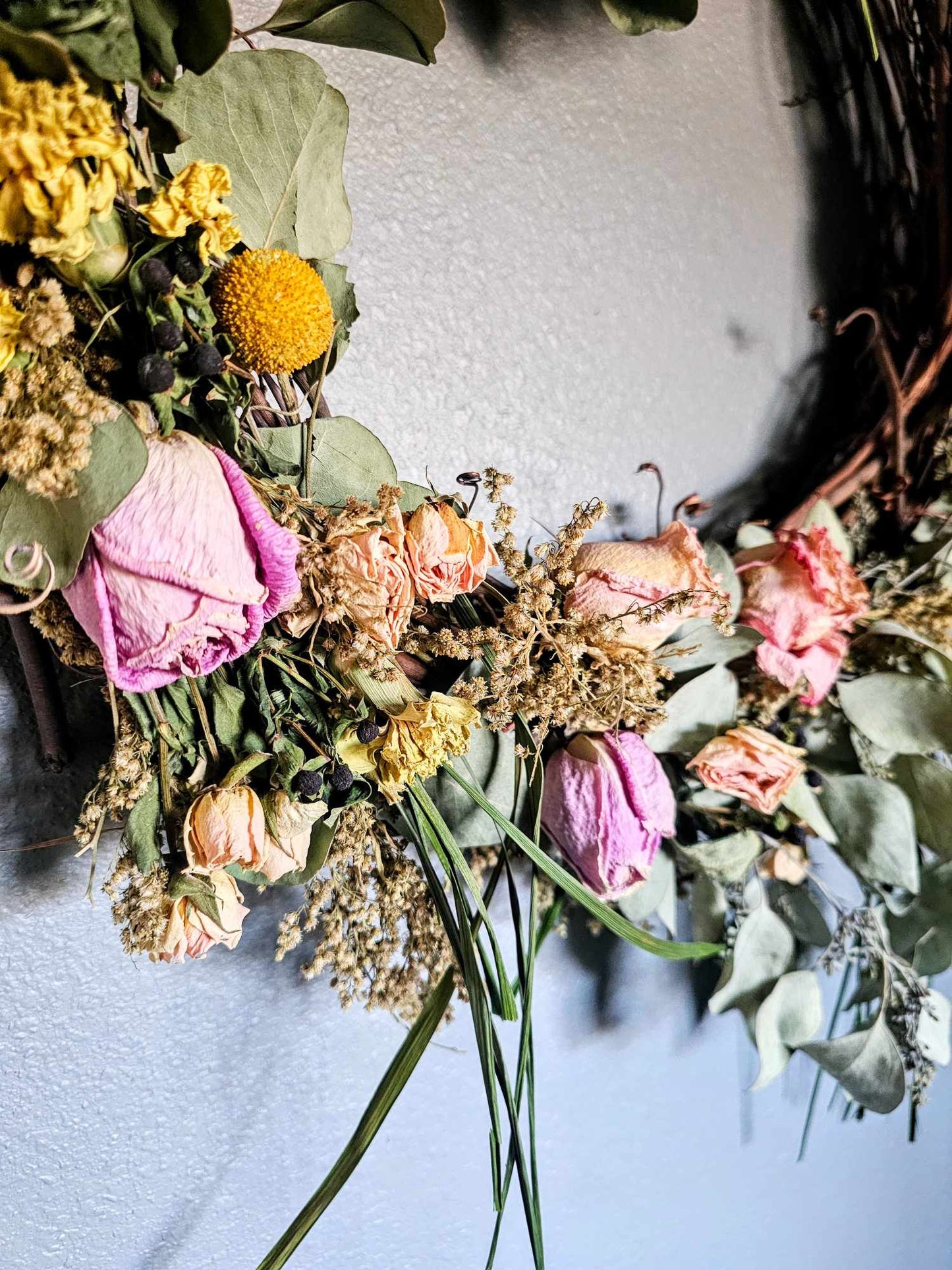 Custom, Garden grown and dried floral wreath, light yellow, pink and purple + greenery