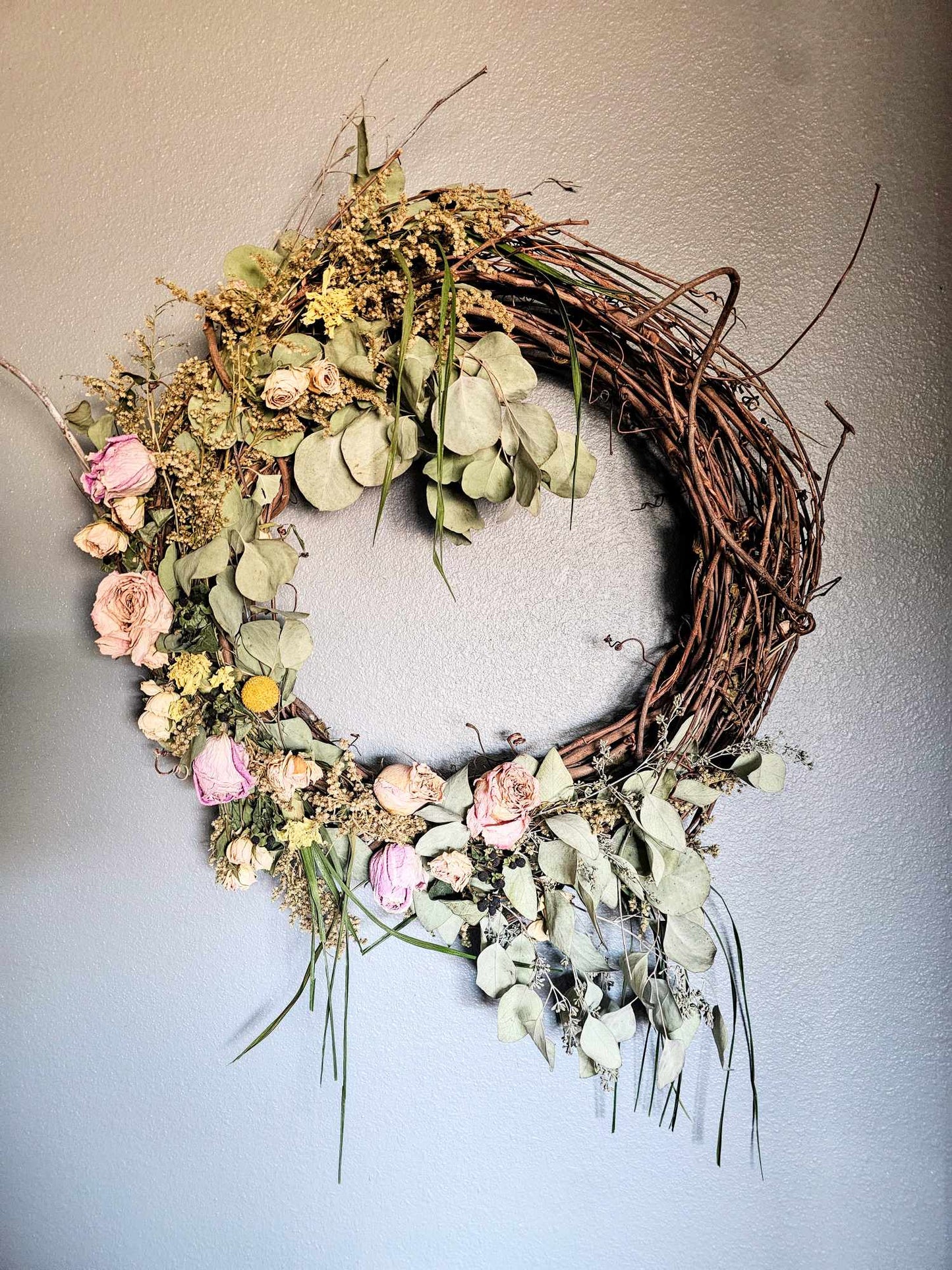 Custom, Garden grown and dried floral wreath, light yellow, pink and purple + greenery