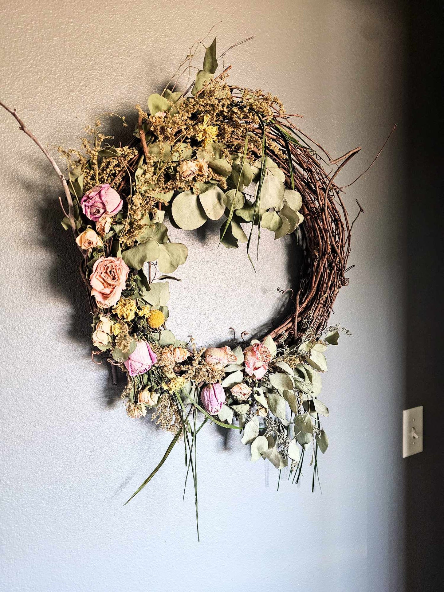 Custom, Garden grown and dried floral wreath, light yellow, pink and purple + greenery