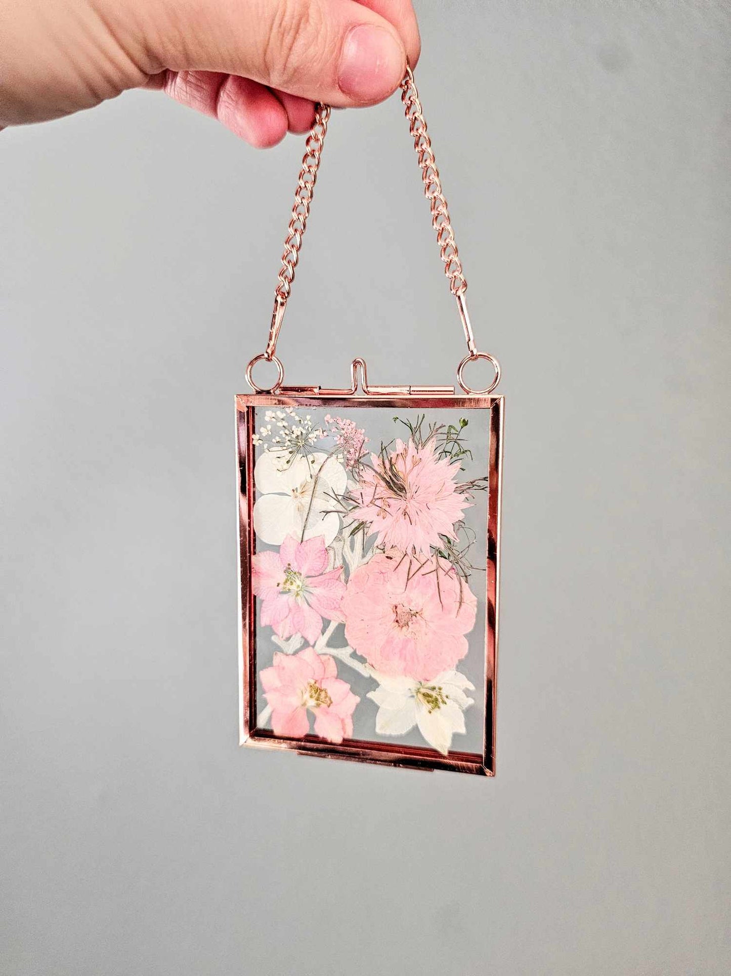 "mini" pressed flower frame, rose gold with pink and white mixed flowers