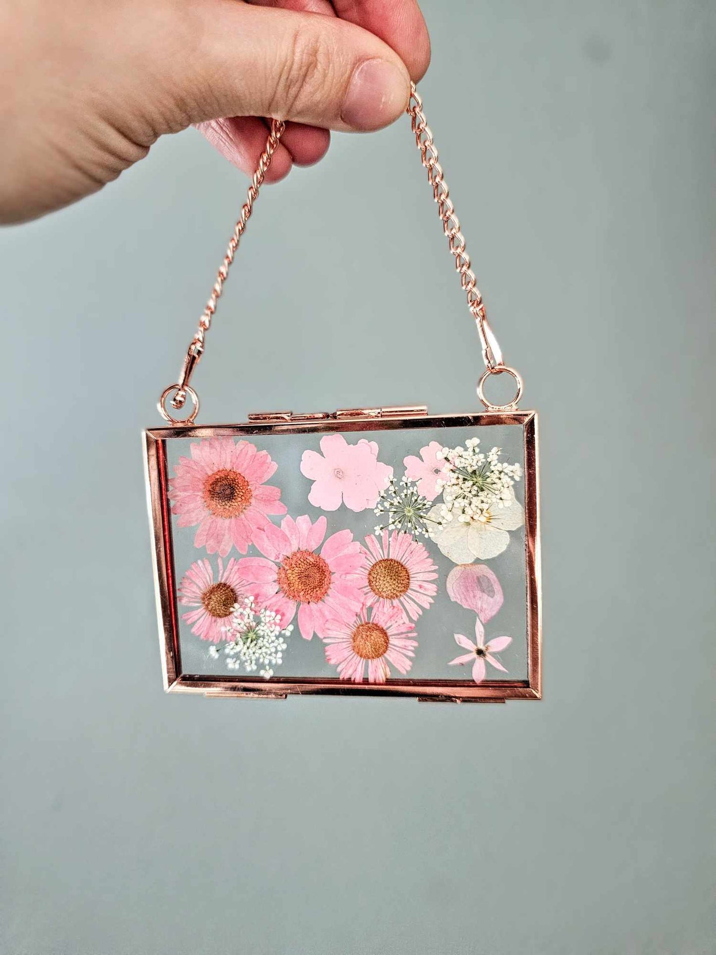 "mini" pressed flower frame, rose gold with all pink flowers