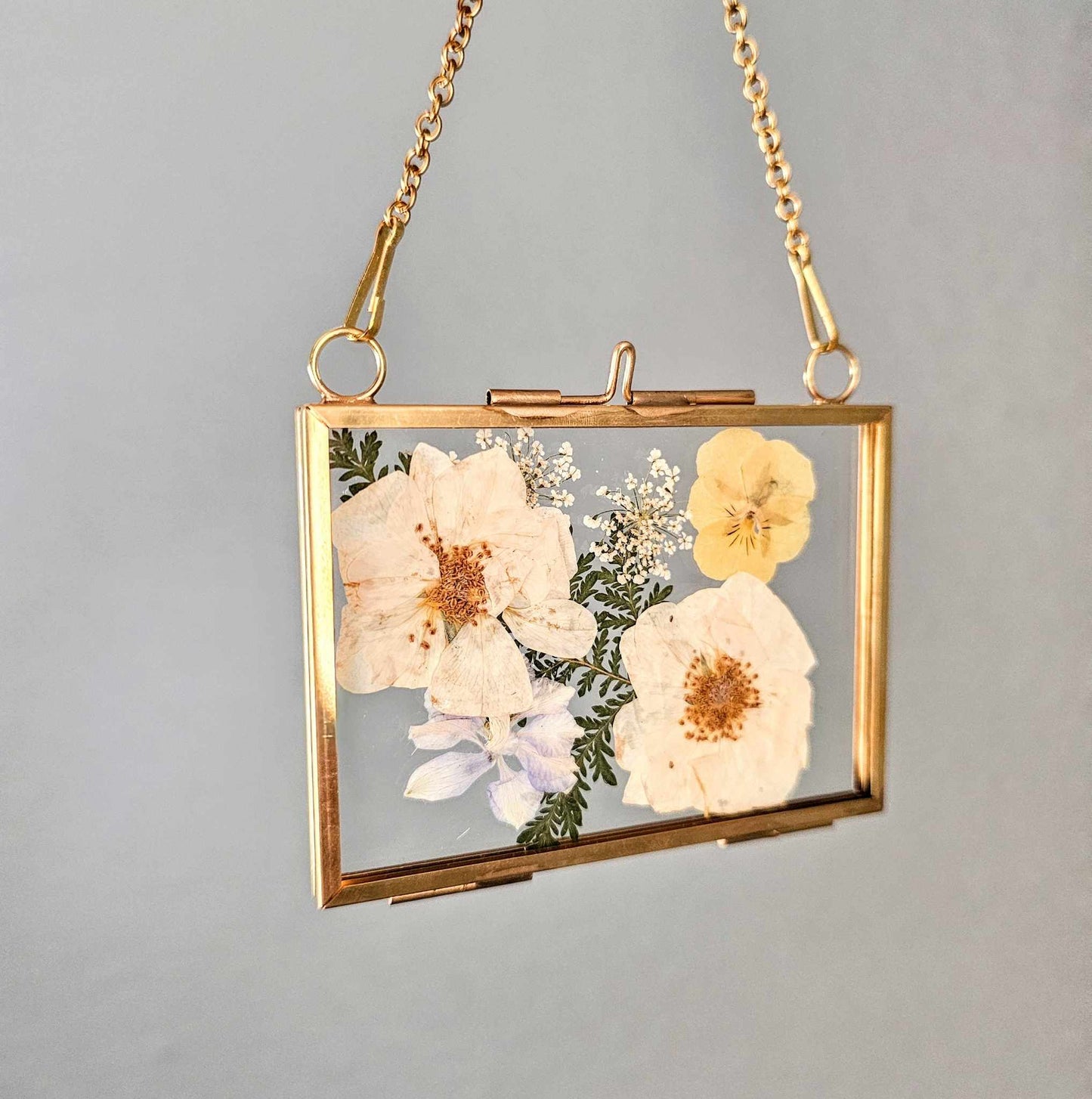 "mini" gold pressed flower frame with ivory, blue and yellow flowers