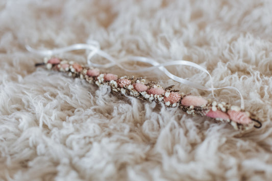 Light Pink and Tan wedding hair crown, dried flower hair wreath, mix of everlasting bunny tails and baby's breath