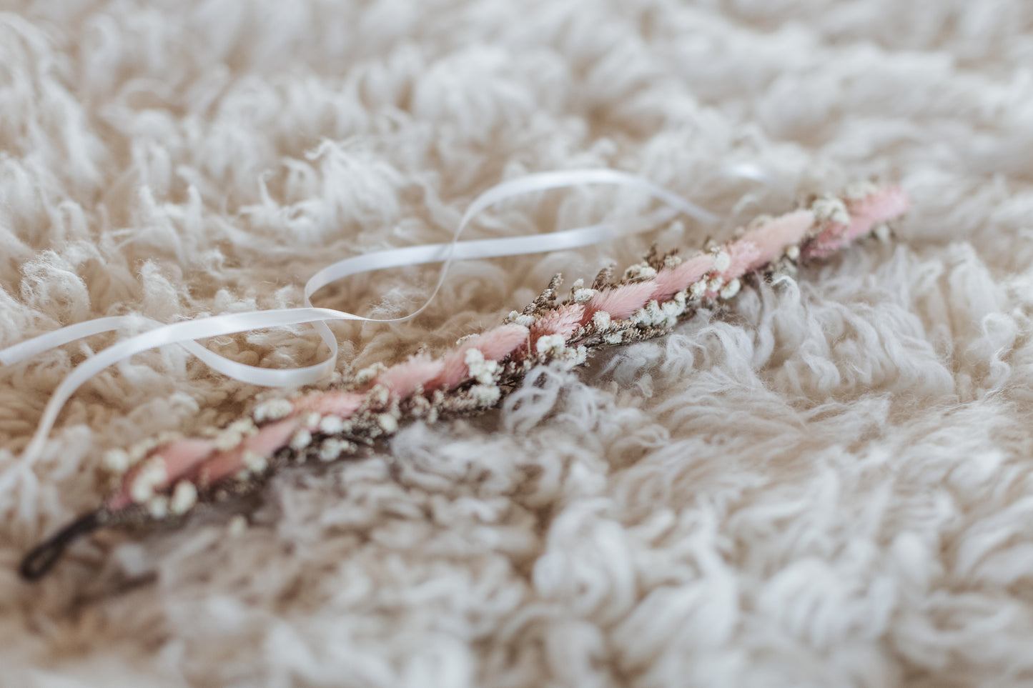 Light Pink and Tan wedding hair crown, dried flower hair wreath, mix of everlasting bunny tails and baby's breath