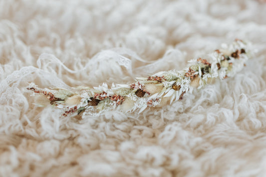 Nude and Light Green Dried Garden wedding hair crown, dried flower hair wreath, mix of Oats and Dried flowers