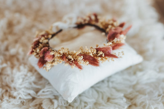 Mauve and Tan Garden wedding hair crown, dried flower hair wreath, Babies Breath and Bunny Tail