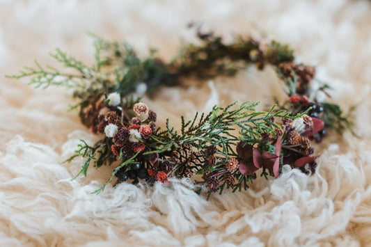 winter wedding hair crown, dried flower hair wreath, mix of everlasting flowers, and artificial winter