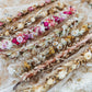 Colorful Garden wedding hair crown, dried flower hair wreath, mix of everlasting yellow yarrow, light pink, blush bunny tails, pink baby's breath, oats, strawflower