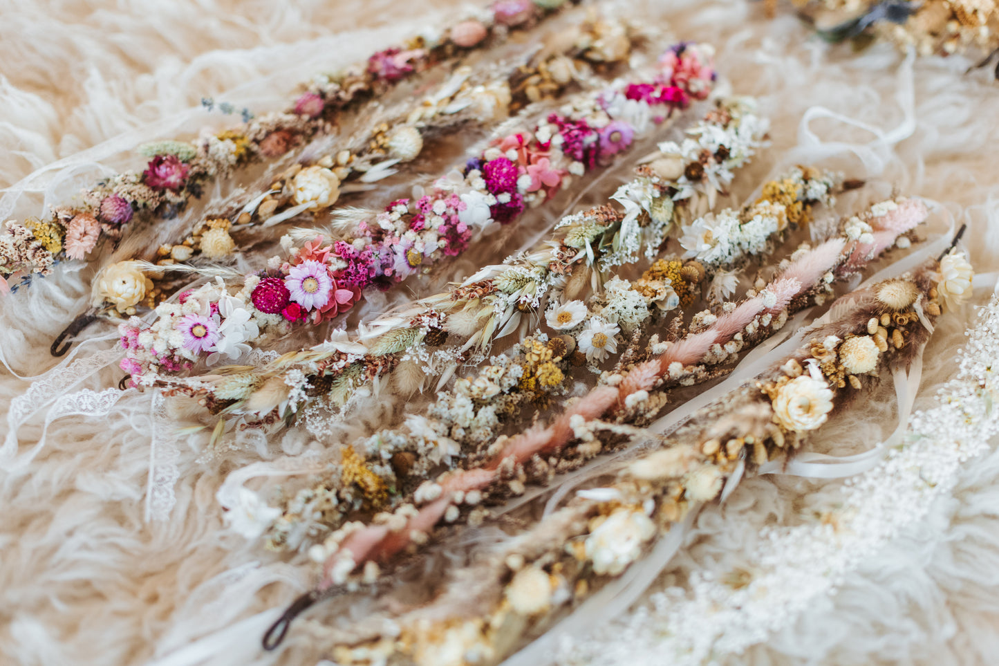 Colorful Garden wedding hair crown, dried flower hair wreath, mix of everlasting yellow yarrow, light pink, blush bunny tails, pink baby's breath, oats, strawflower