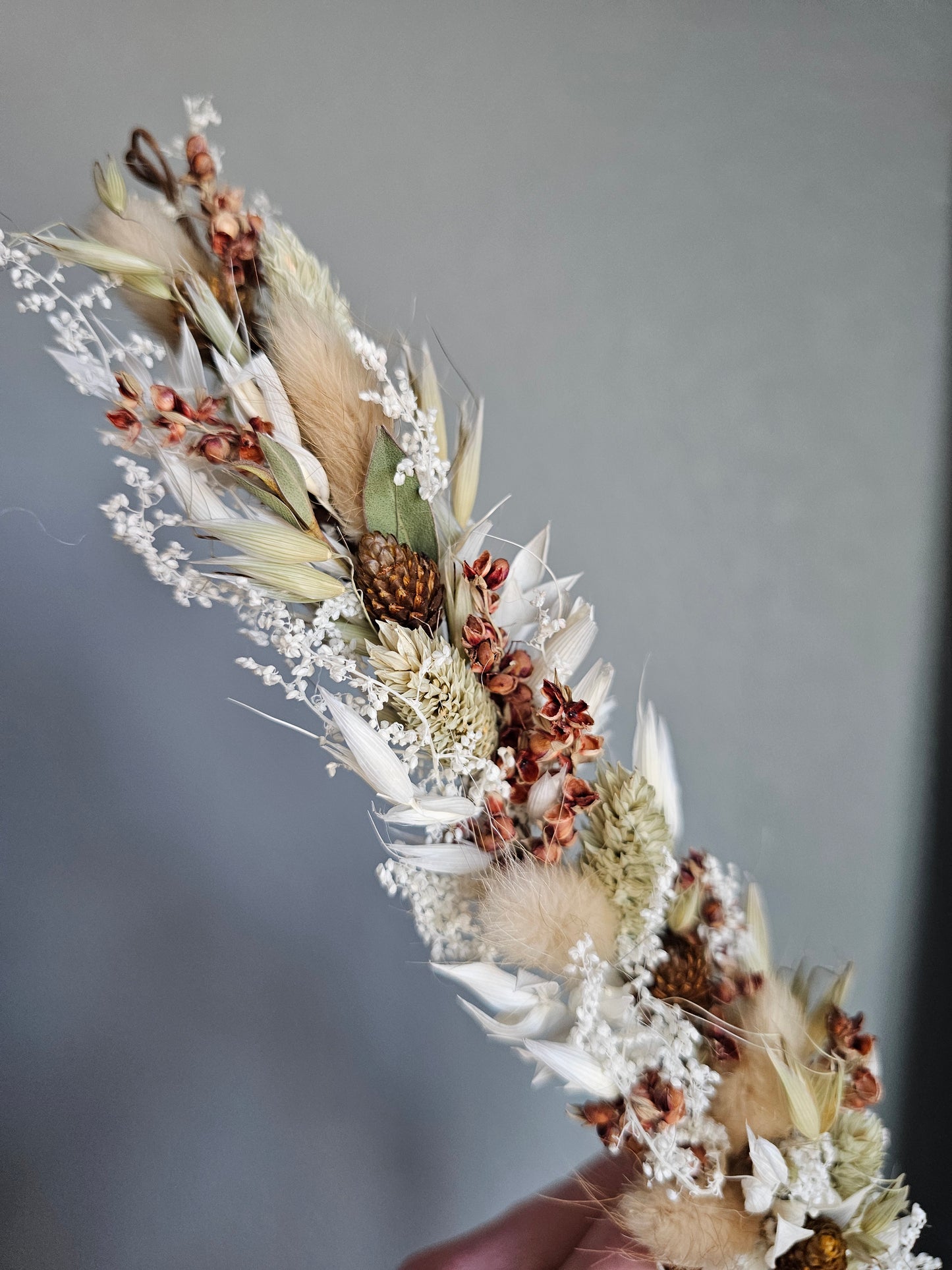 Nude and Light Green Dried Garden wedding hair crown, dried flower hair wreath, mix of Oats and Dried flowers