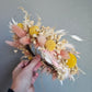 Yellow and Blush wedding hair crown, dried flower hair wreath, mix of everlasting light pink, blush bunny tails, yellow billy balls, ivory fern, oats and baby's breath