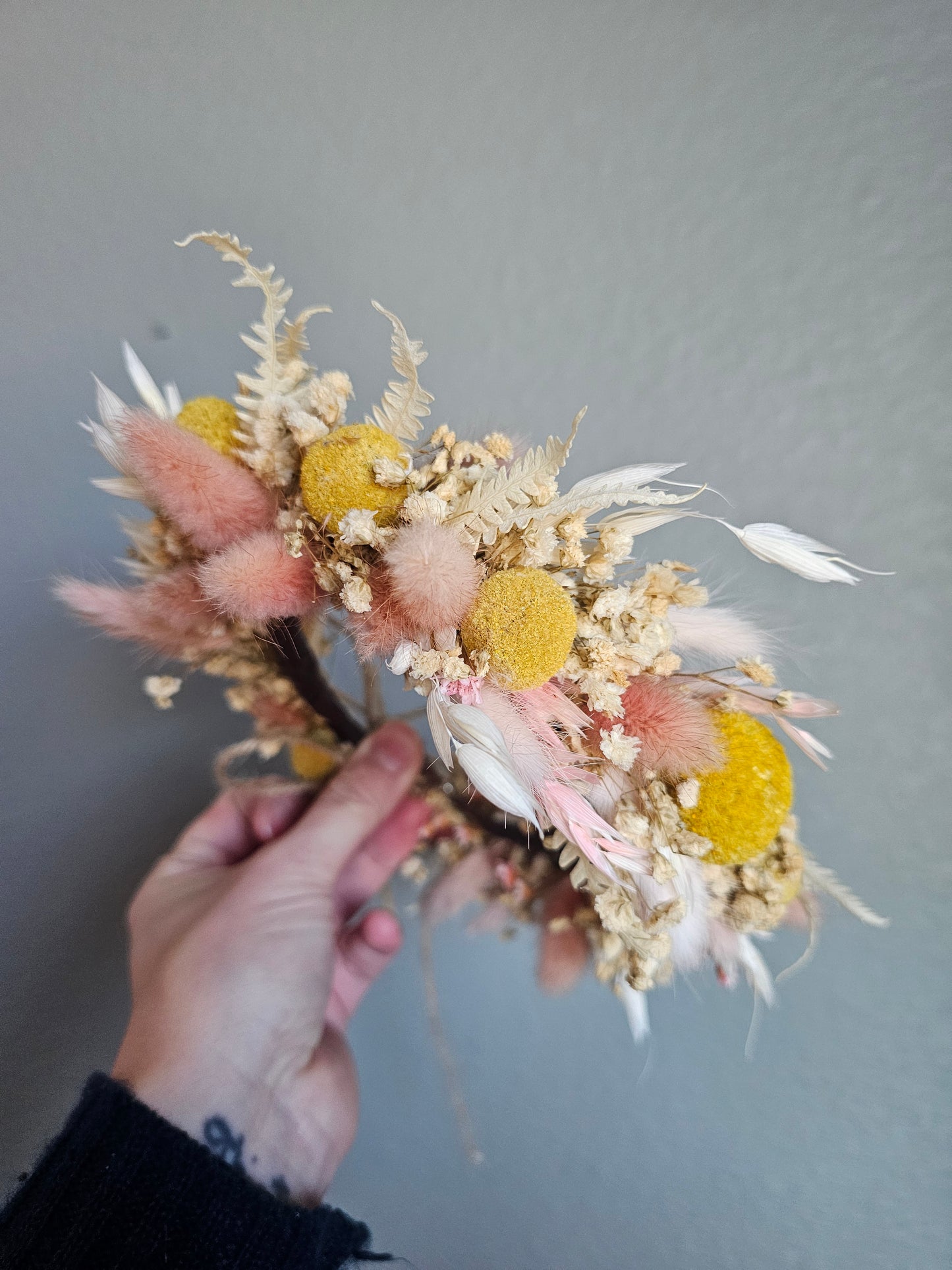 Yellow and Blush wedding hair crown, dried flower hair wreath, mix of everlasting light pink, blush bunny tails, yellow billy balls, ivory fern, oats and baby's breath