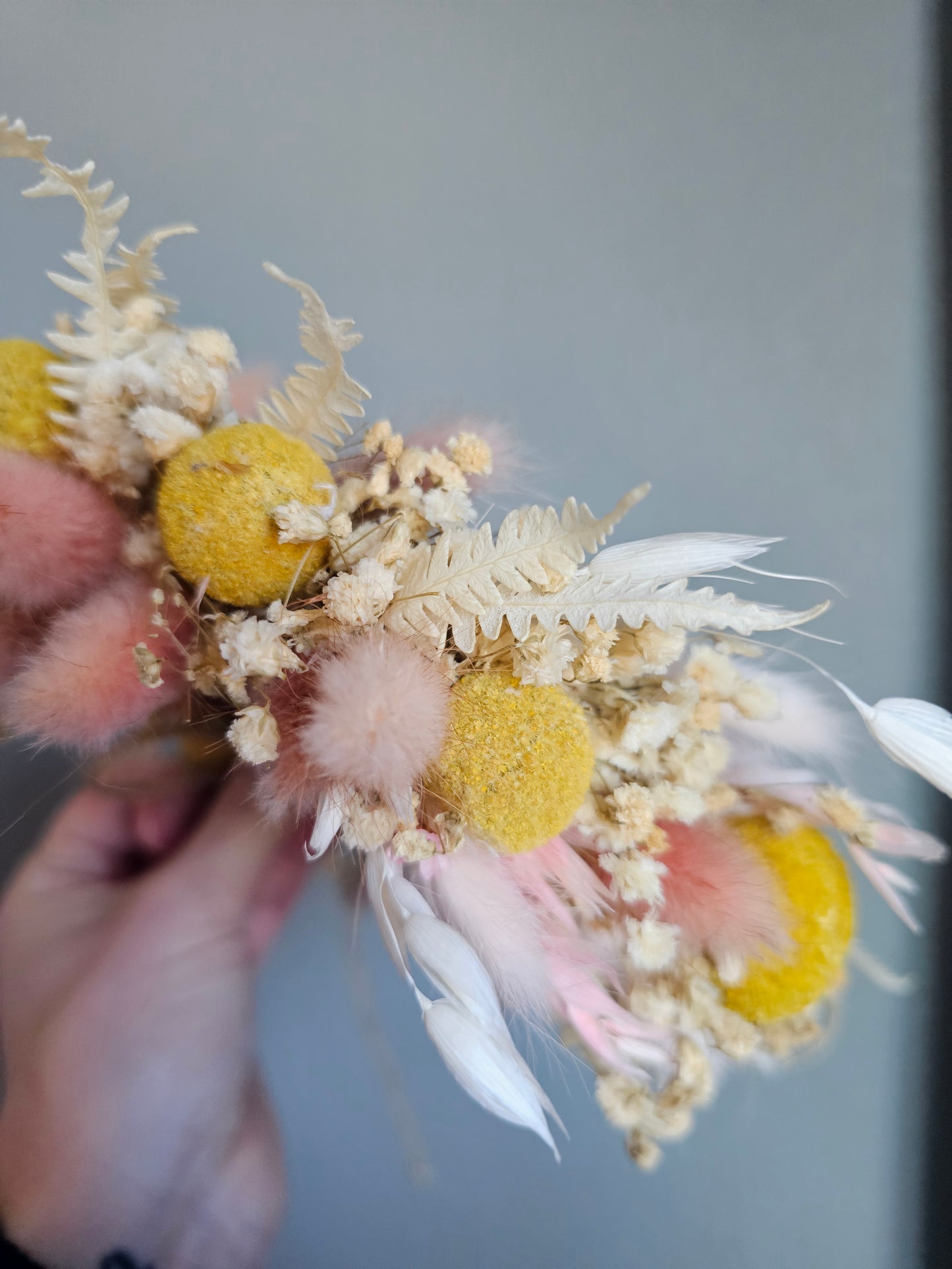 Yellow and Blush wedding hair crown, dried flower hair wreath, mix of everlasting light pink, blush bunny tails, yellow billy balls, ivory fern, oats and baby's breath