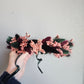 Moody, Dark wedding hair crown, dried flower hair wreath, mix of everlasting flowers, black, maroon, dark green, mauve