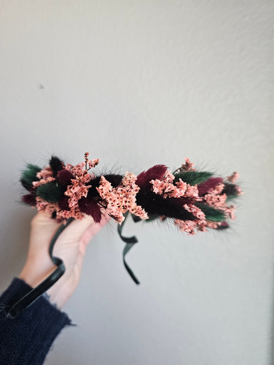 Moody, Dark wedding hair crown, dried flower hair wreath, mix of everlasting flowers, black, maroon, dark green, mauve