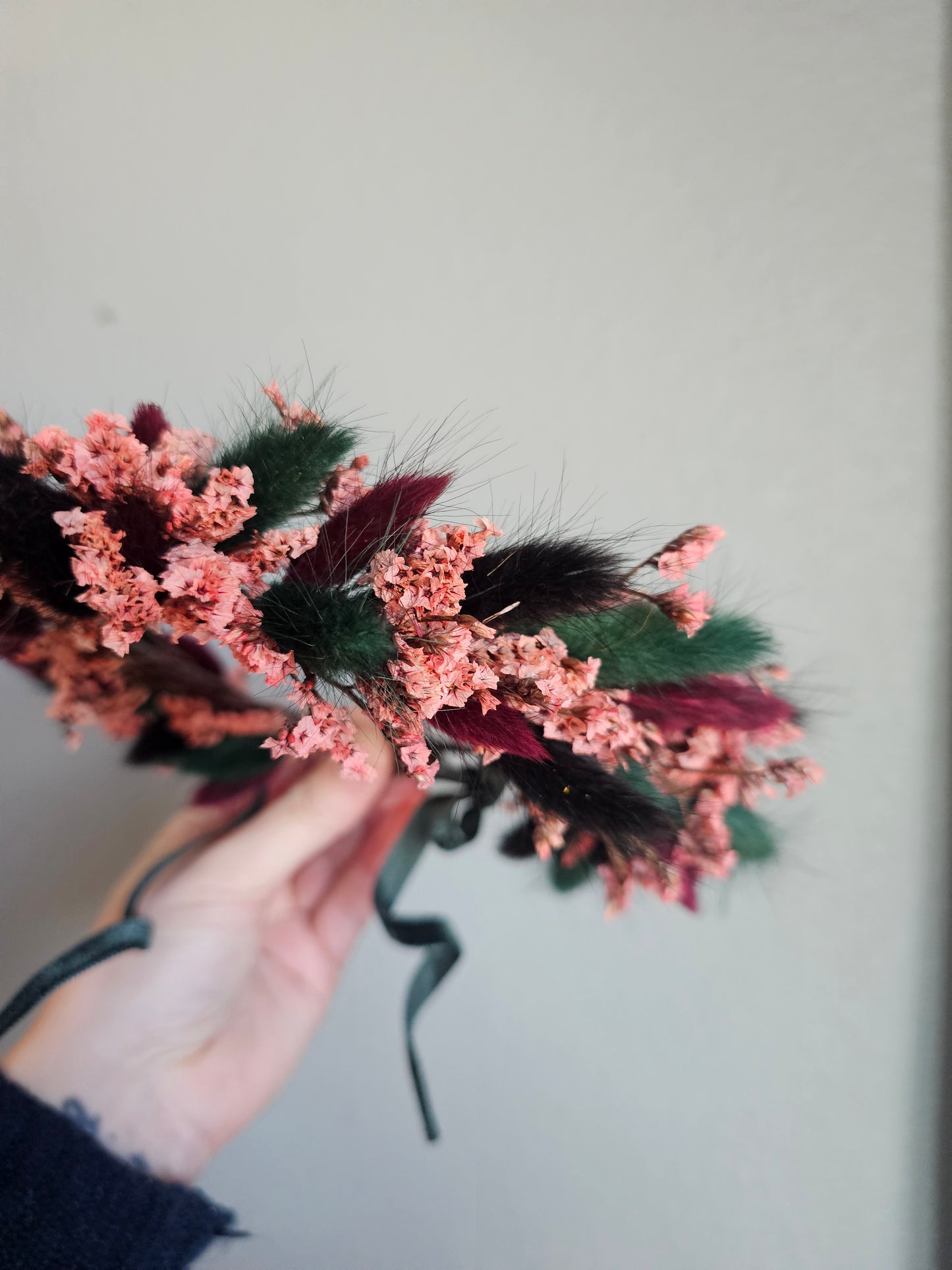 Moody, Dark wedding hair crown, dried flower hair wreath, mix of everlasting flowers, black, maroon, dark green, mauve