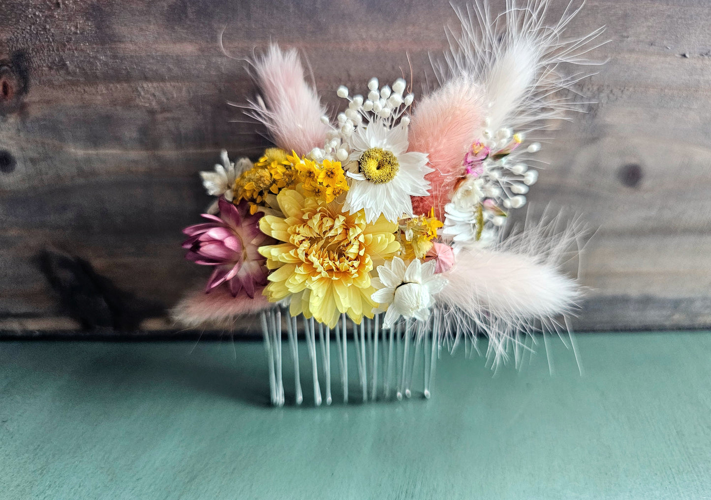 Dried Flower Hair Comb, Tan & White, Magenta, Yellow and Pink, Hair Accessories