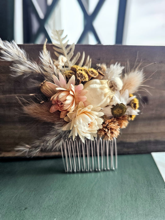 Dried Flower Hair Comb, Tan, Neutral, Mustard and Pink, Hair Accessories