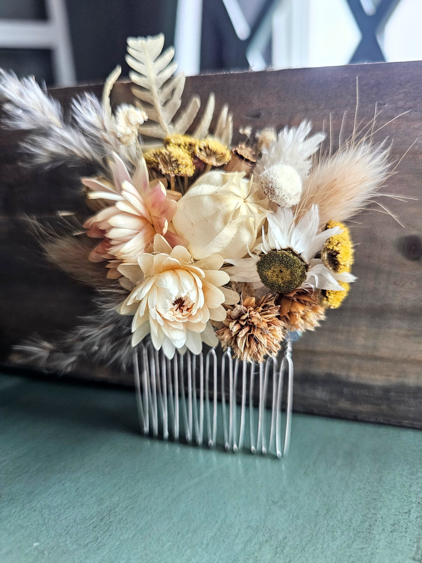 Dried Flower Hair Comb, Tan, Neutral, Mustard and Pink, Hair Accessories