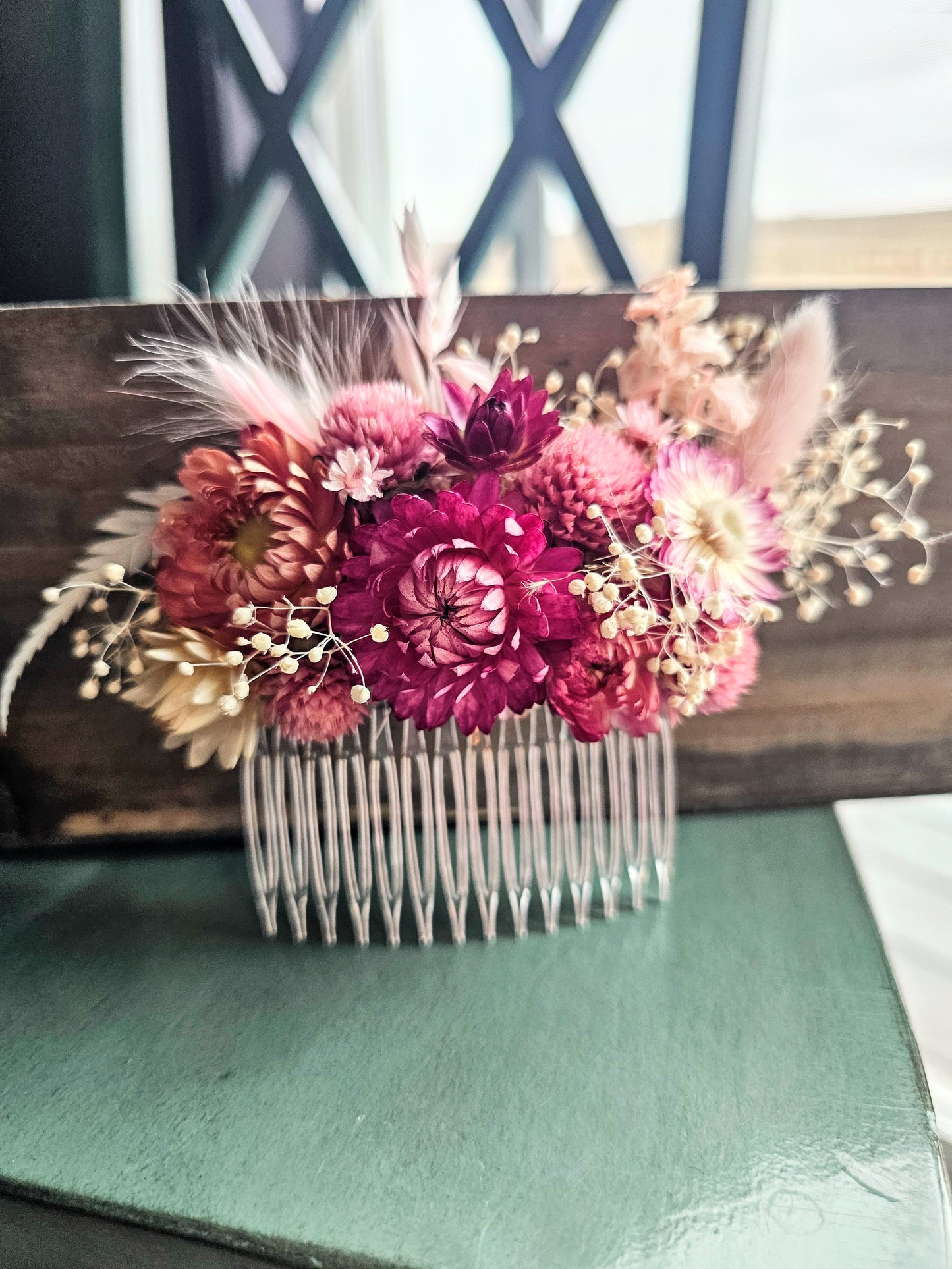 Dried Flower Hair Comb, Mauve, Magenta, White and Pink, Hair Accessories