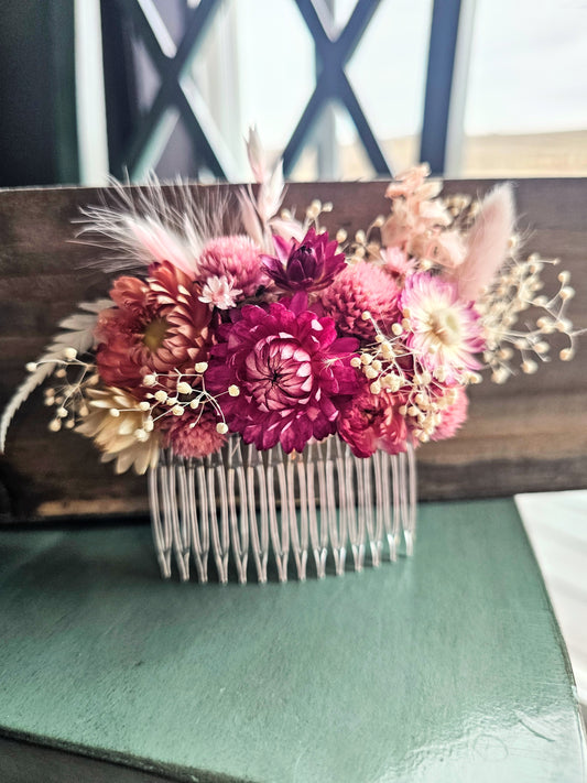 Dried Flower Hair Comb, Mauve, Magenta, White and Pink, Hair Accessories