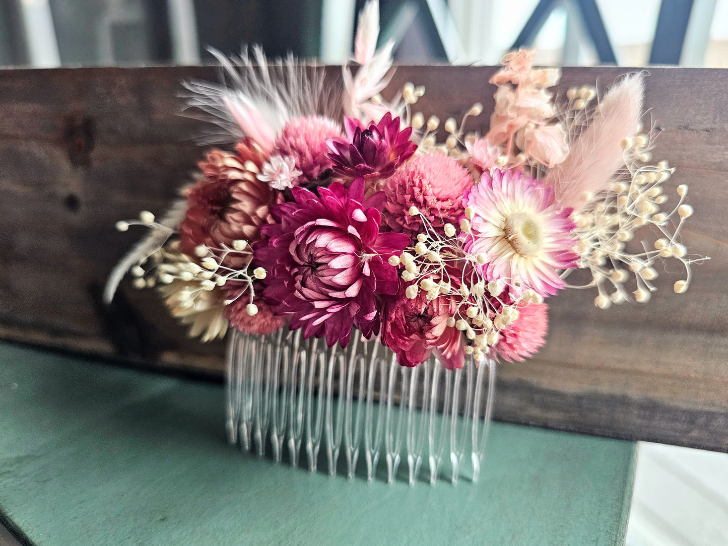 Dried Flower Hair Comb, Mauve, Magenta, White and Pink, Hair Accessories