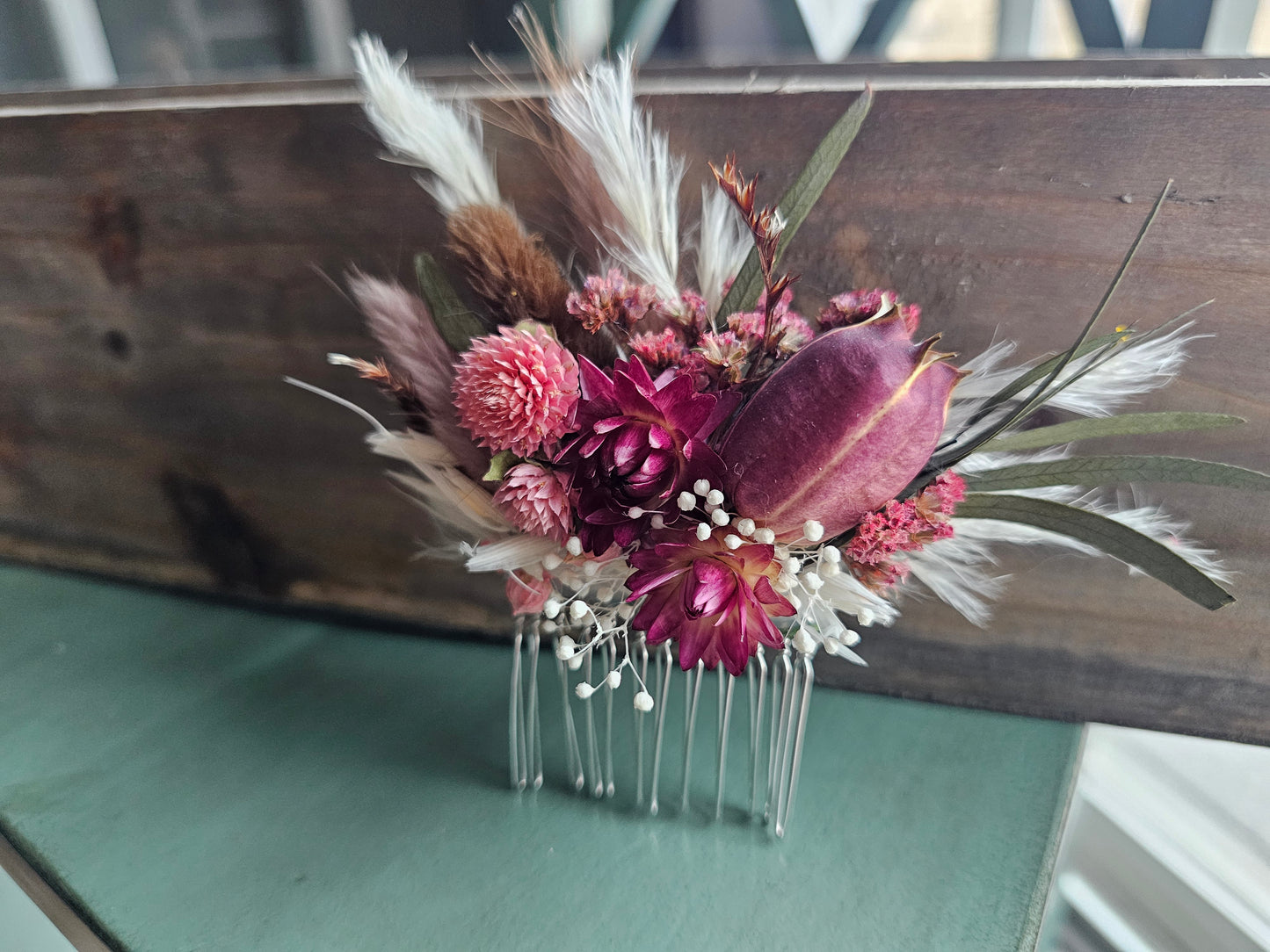 Dried Flower Hair Comb, Tan & White Mauve, Magenta, and Pink, Hair Accessories