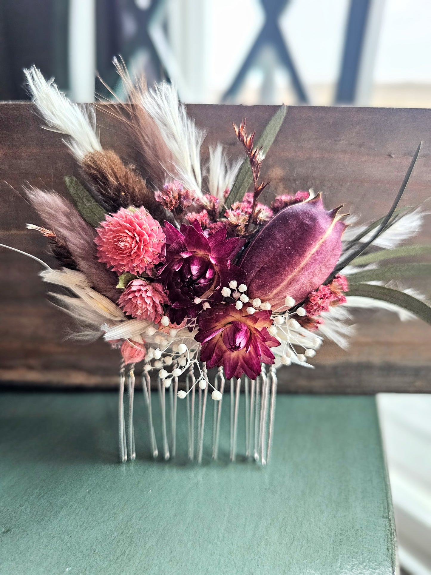 Dried Flower Hair Comb, Tan & White Mauve, Magenta, and Pink, Hair Accessories