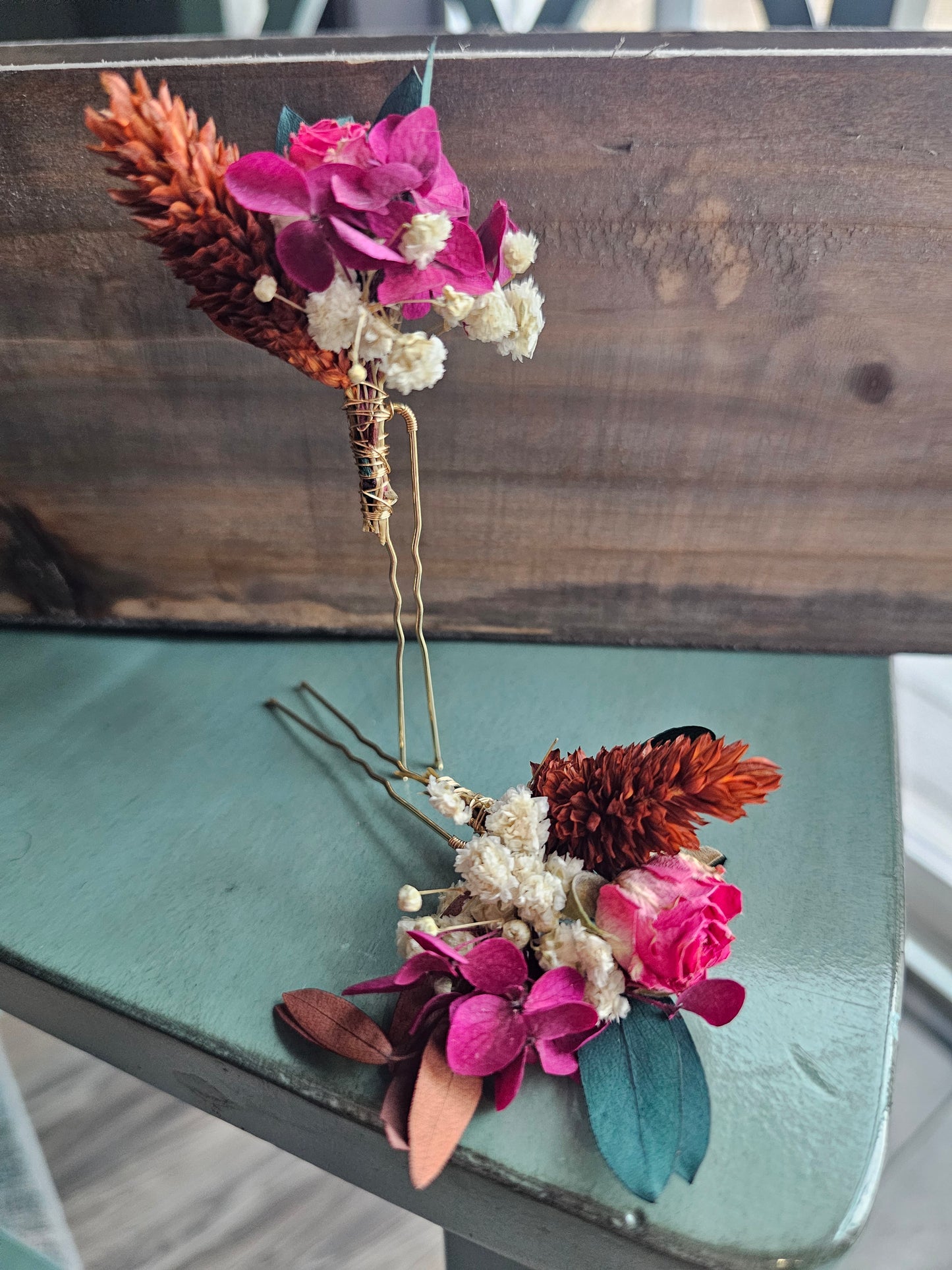 Dried Flower Hair Bobby Pins, Hair Accessories, Rust, Eucalyptus, Magenta & Babies Breath (set of 3)