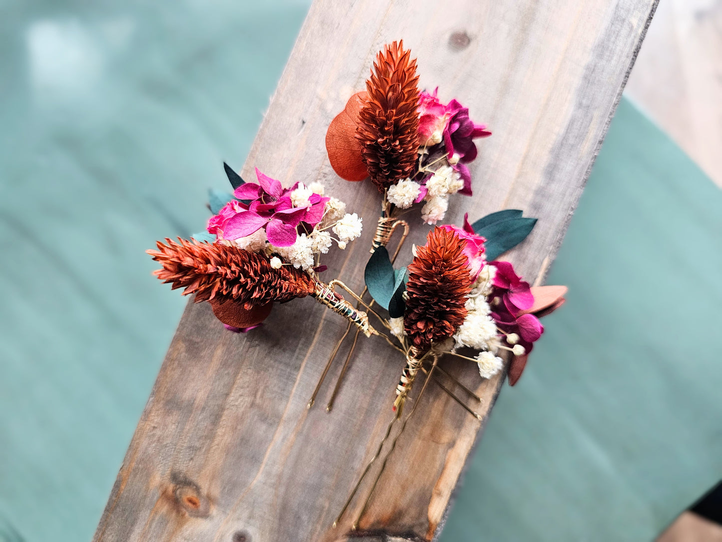 Dried Flower Hair Bobby Pins, Hair Accessories, Rust, Eucalyptus, Magenta & Babies Breath (set of 3)