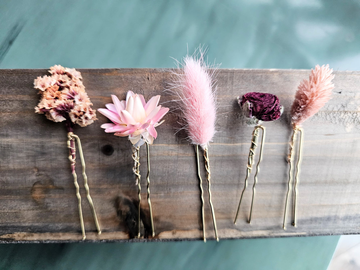 Dried Flower Hair Bobby Pins, Hair Accessories, Light Pink, Mauve, set of 5