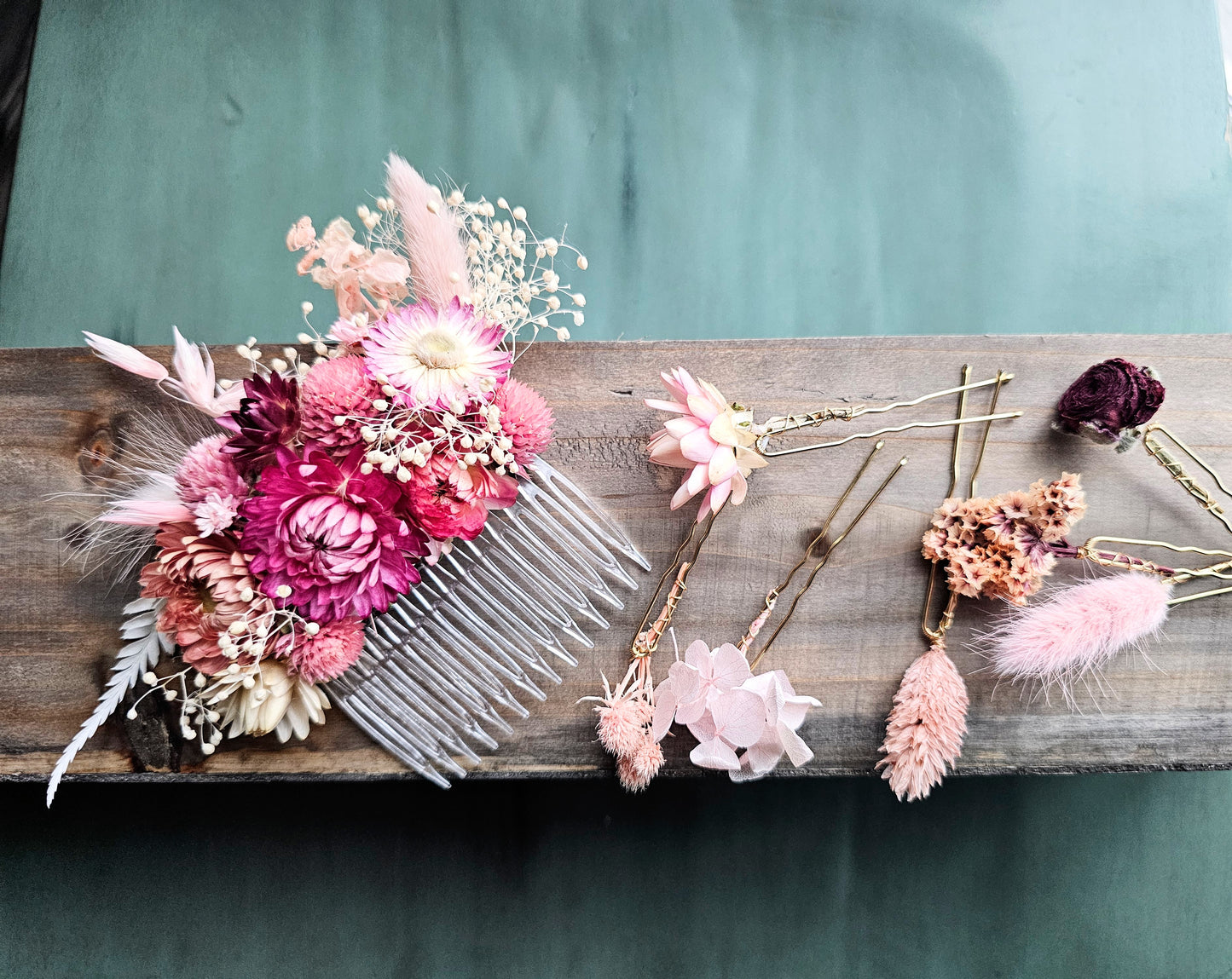 Dried Flower Hair Comb, Mauve, Magenta, White and Pink, Hair Accessories