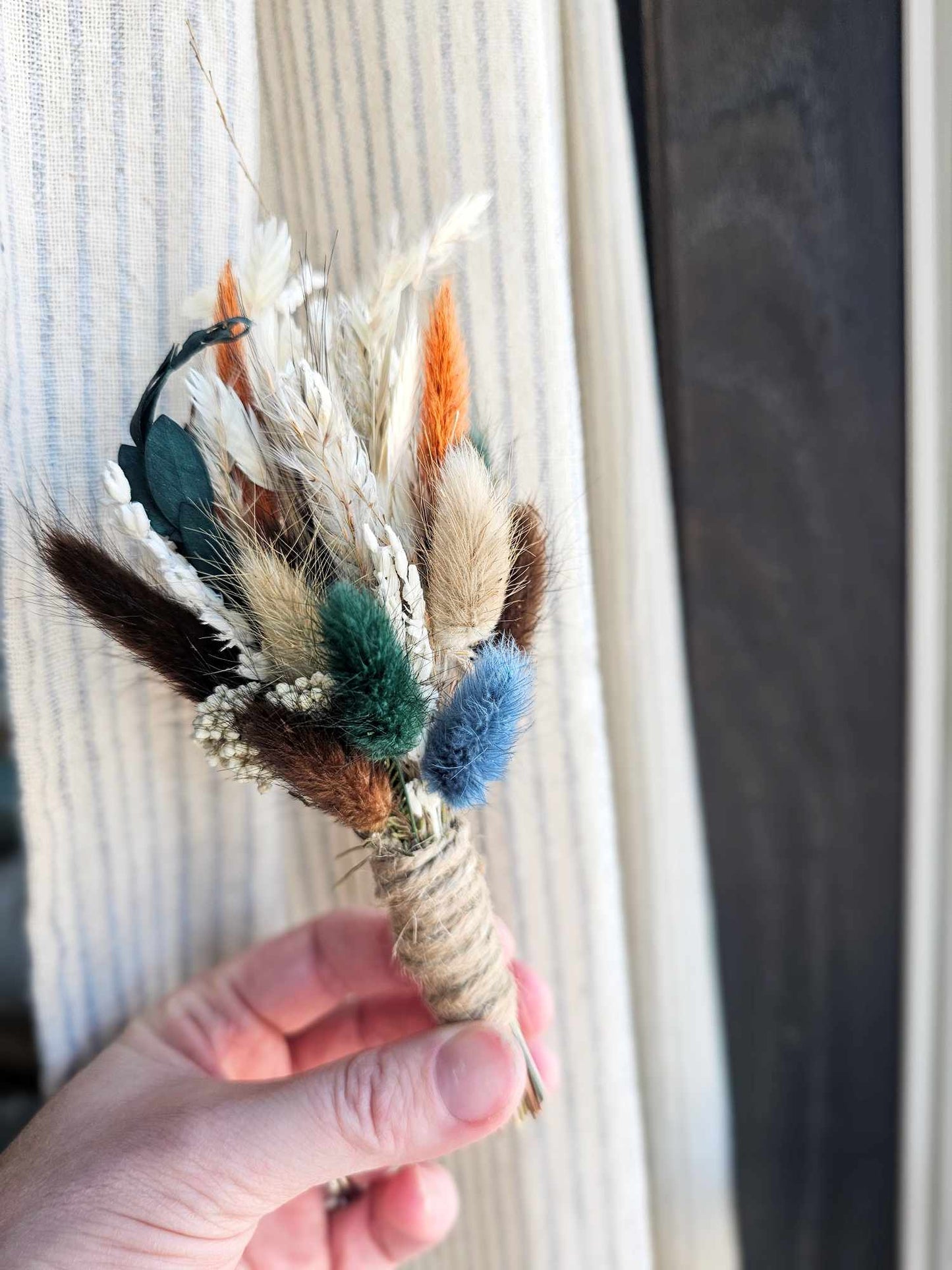 Boho boutonniere, dried wedding flowers, lapel flower, groom's pin on, groomsmen boutonniere, Terracotta, pampas grass, ivory, dusty blue,