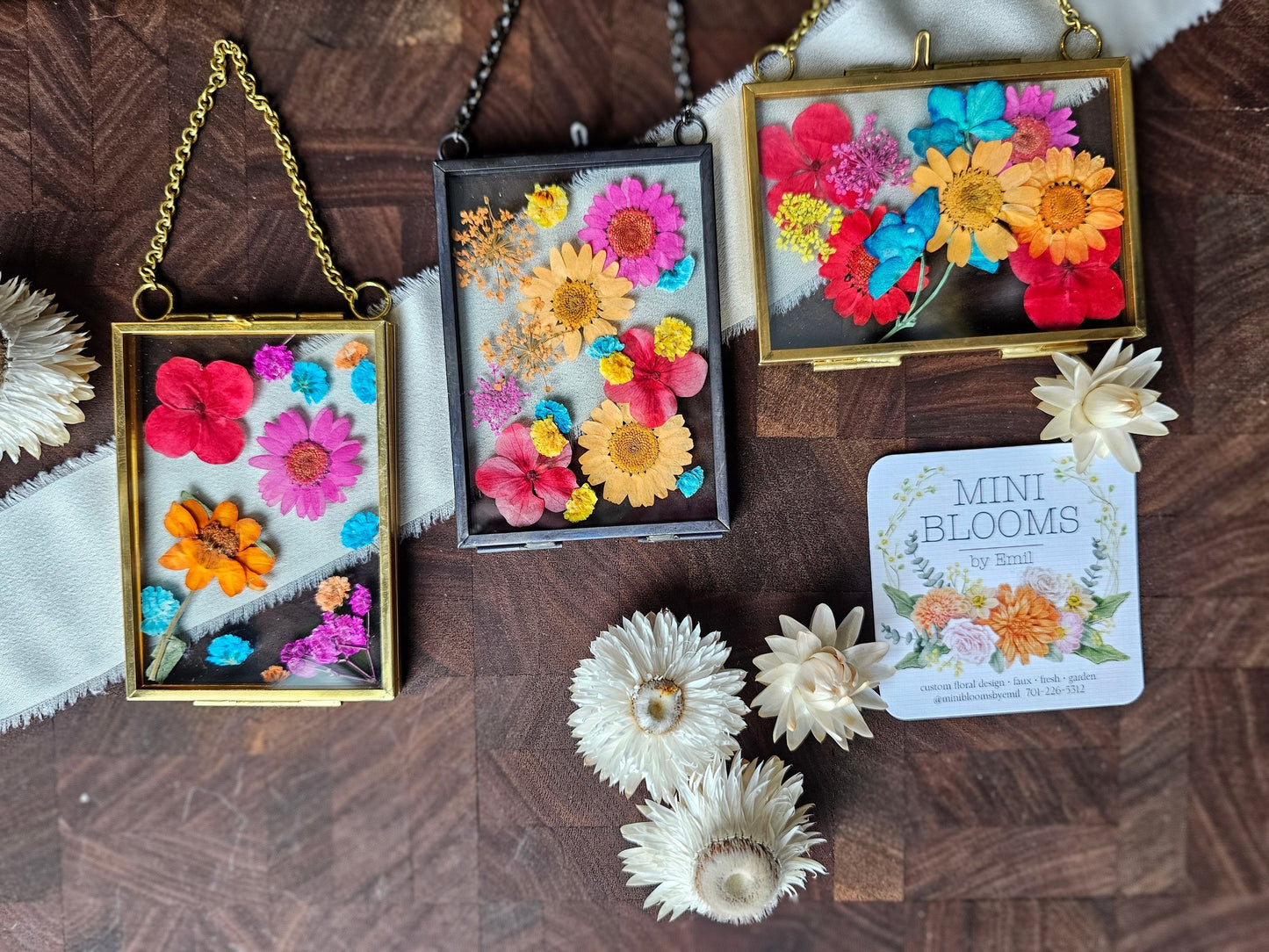 "mini" pressed flower frame, colorful collection, mix of bright blue, pink, red, orange