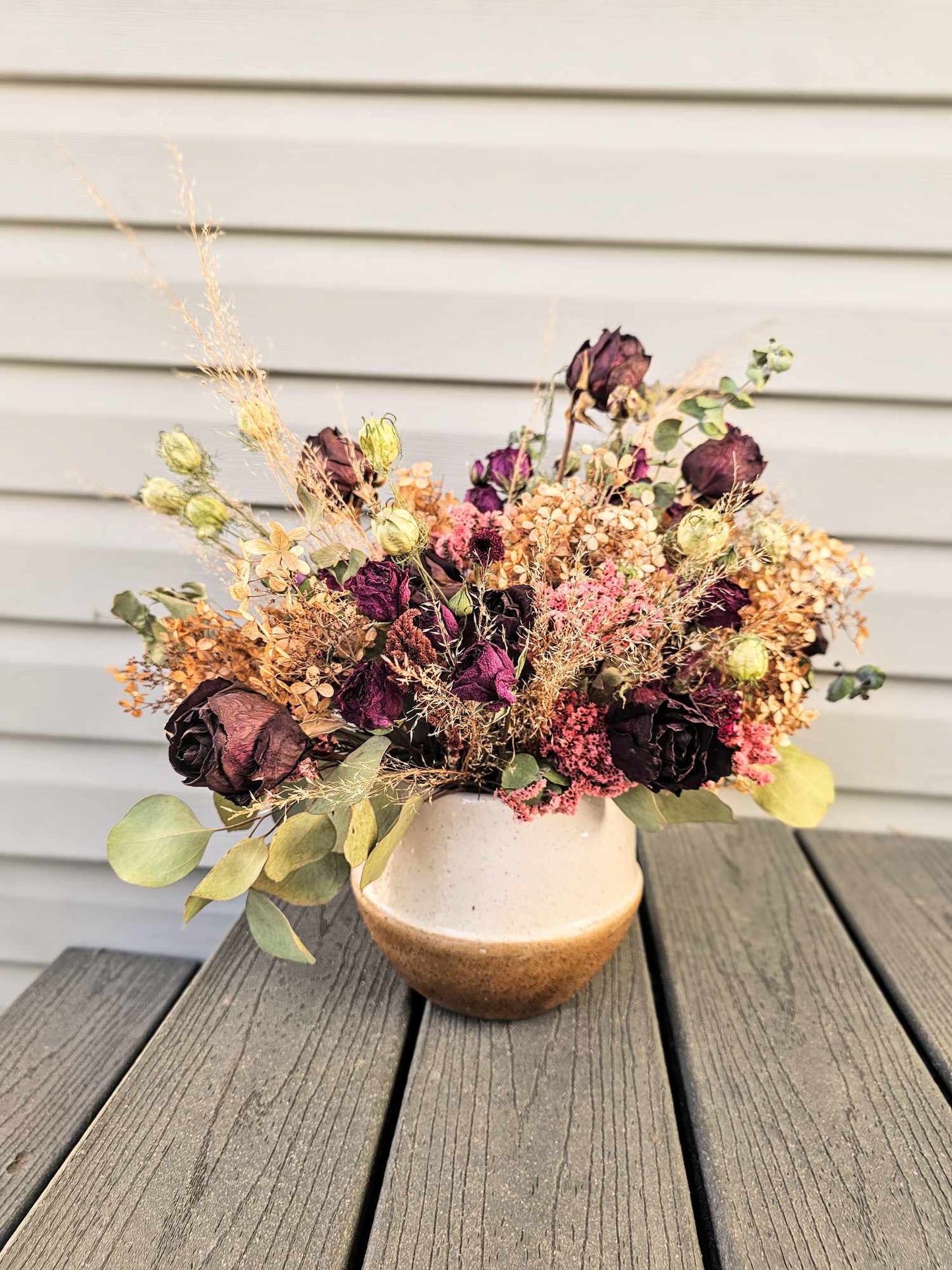 Maroon & Ivory, XL , Unique, Hydrangea and Rose (Colorful Everlasting Botanical, Dried Flower Vase)