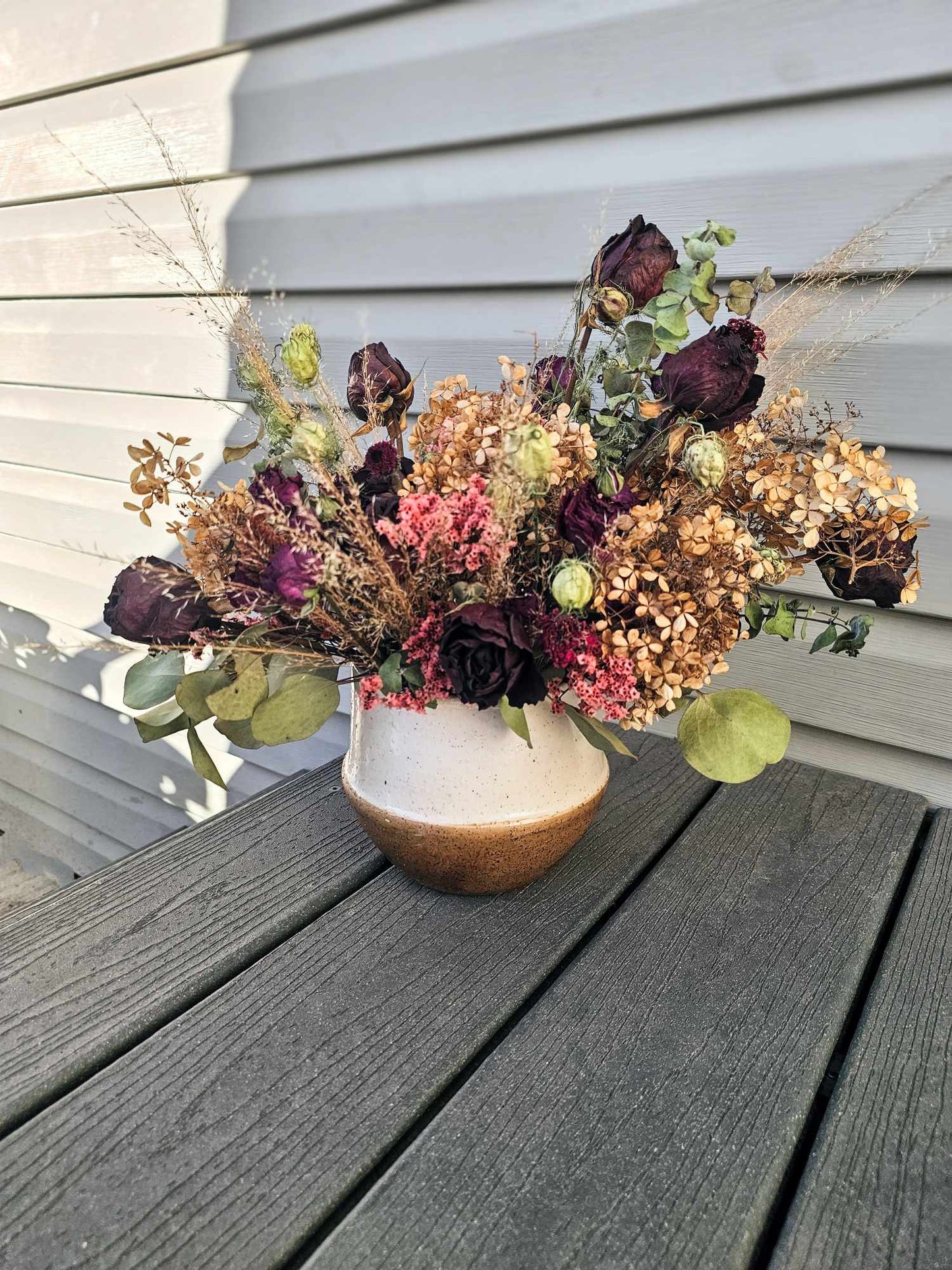 Maroon & Ivory, XL , Unique, Hydrangea and Rose (Colorful Everlasting Botanical, Dried Flower Vase)