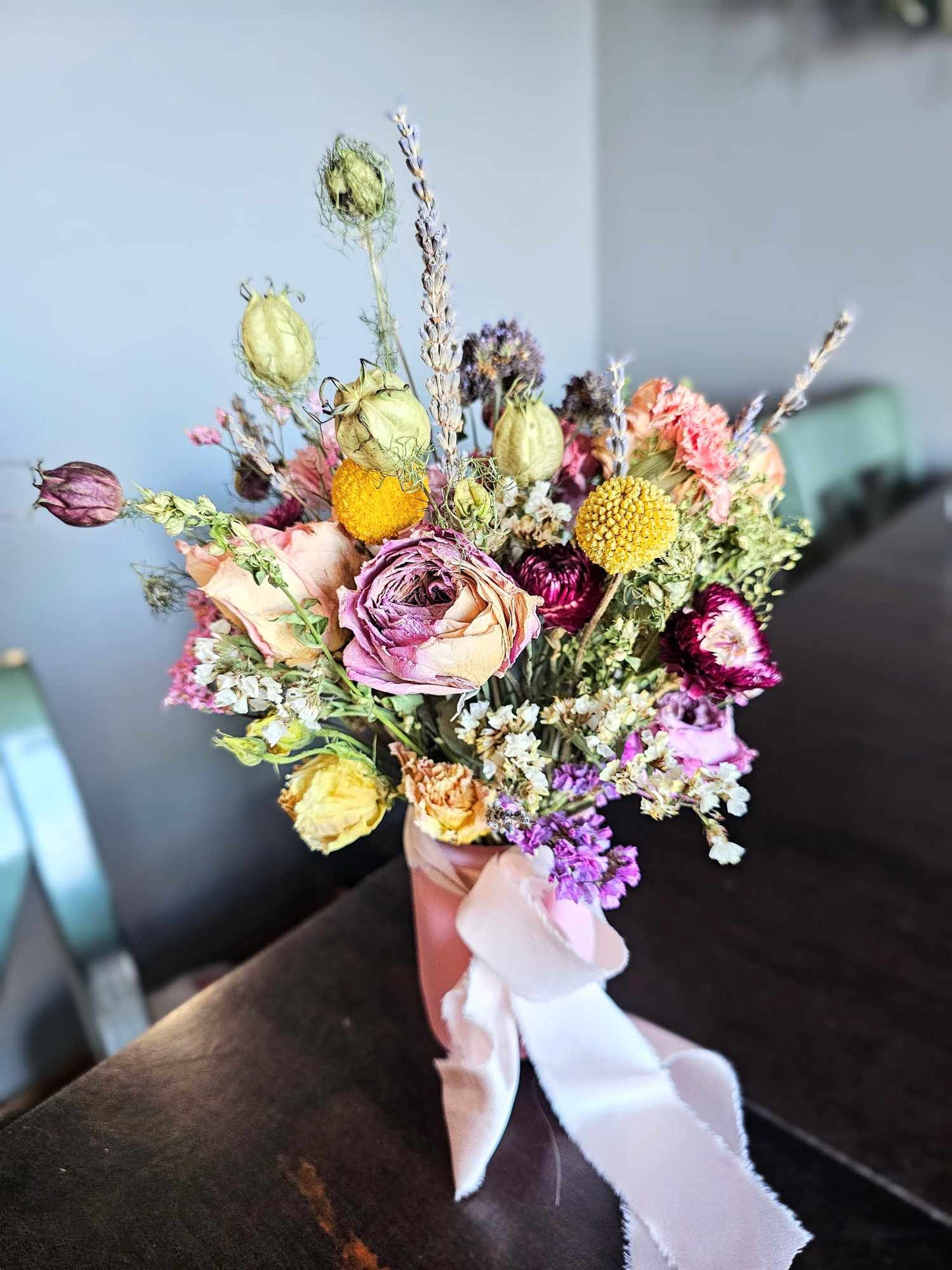 Pink & Yellow Flowers + Light Pink Vase, Small Size (Colorful Everlasting Botanical, Dried Flower Vase)