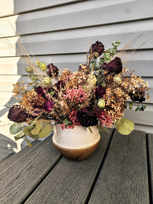 Maroon & Ivory, XL , Unique, Hydrangea and Rose (Colorful Everlasting Botanical, Dried Flower Vase)