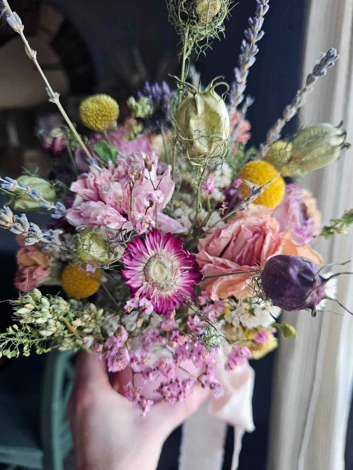 Pink & Yellow Flowers + Light Pink Vase, Small Size (Colorful Everlasting Botanical, Dried Flower Vase)