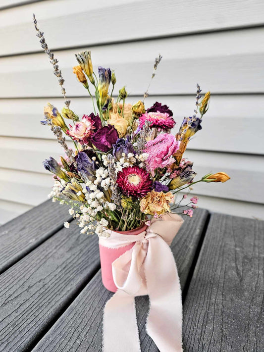 Pink & Purple Flowers + Light Pink Vase, Small Size (Colorful Everlasting Botanical, Dried Flower Vase)