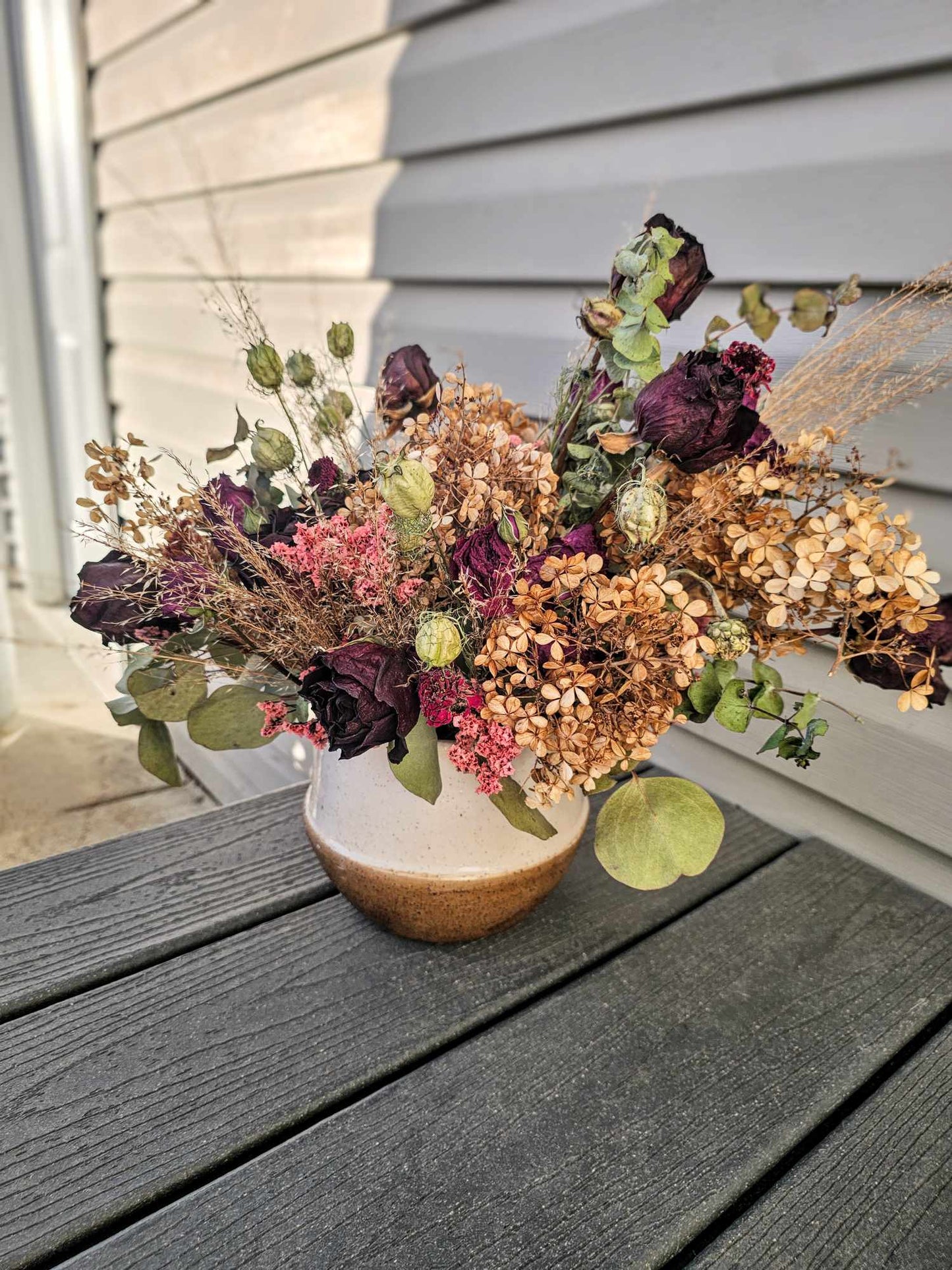 Maroon & Ivory, XL , Unique, Hydrangea and Rose (Colorful Everlasting Botanical, Dried Flower Vase)