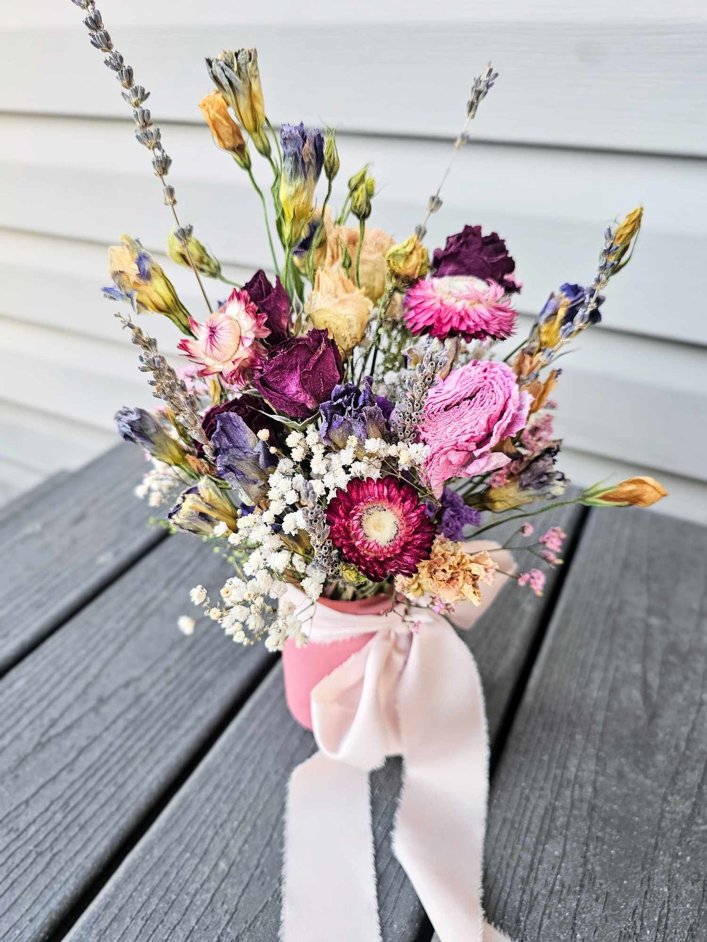 Pink & Purple Flowers + Light Pink Vase, Small Size (Colorful Everlasting Botanical, Dried Flower Vase)