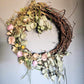 Custom, Garden grown and dried floral wreath, light yellow, pink and purple + greenery