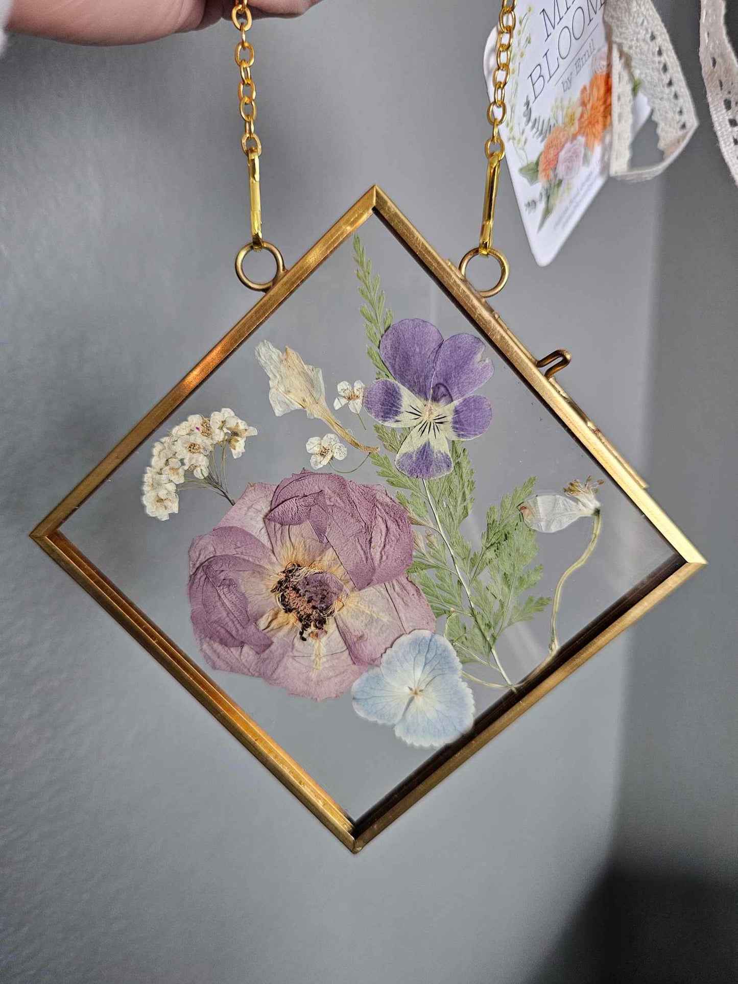 "mini" vintage style gold frame with pressed pink and purple flowers + garden rose