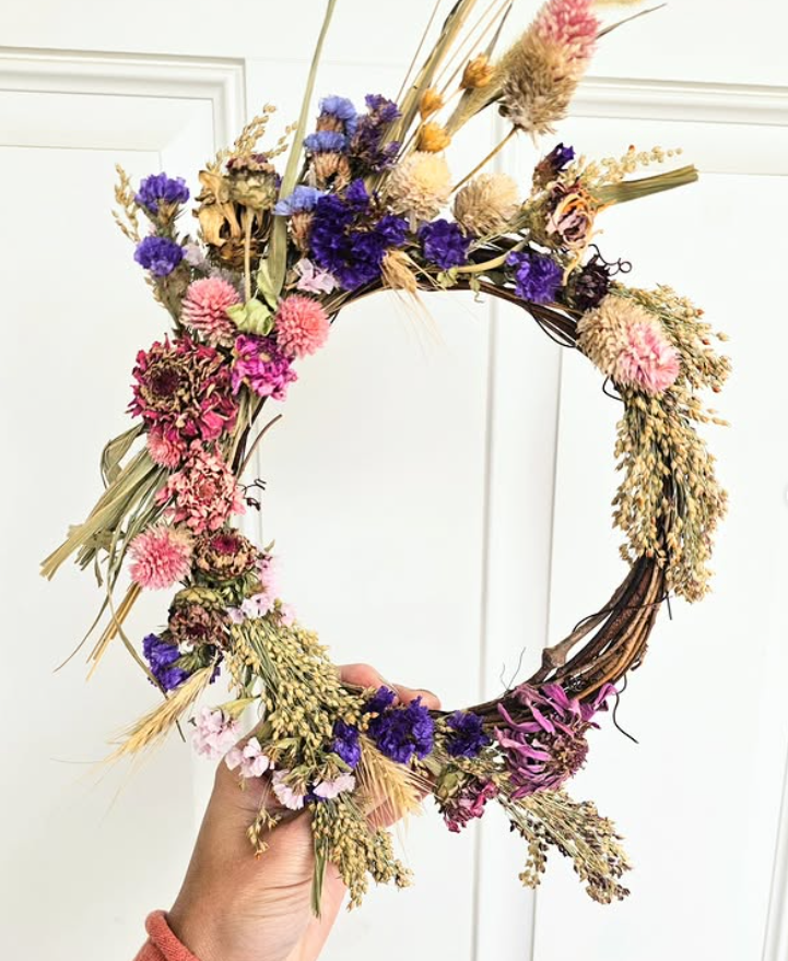 Custom, Garden grown and dried floral wreath, Pink and Purple + Natural colors (small)