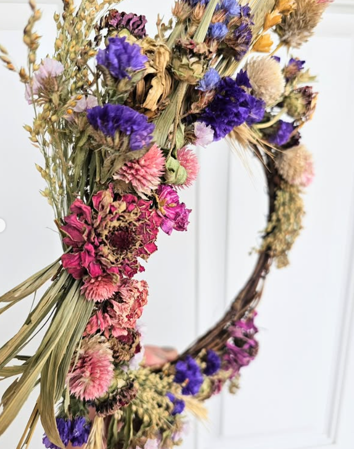 Custom, Garden grown and dried floral wreath, Pink and Purple + Natural colors (small)