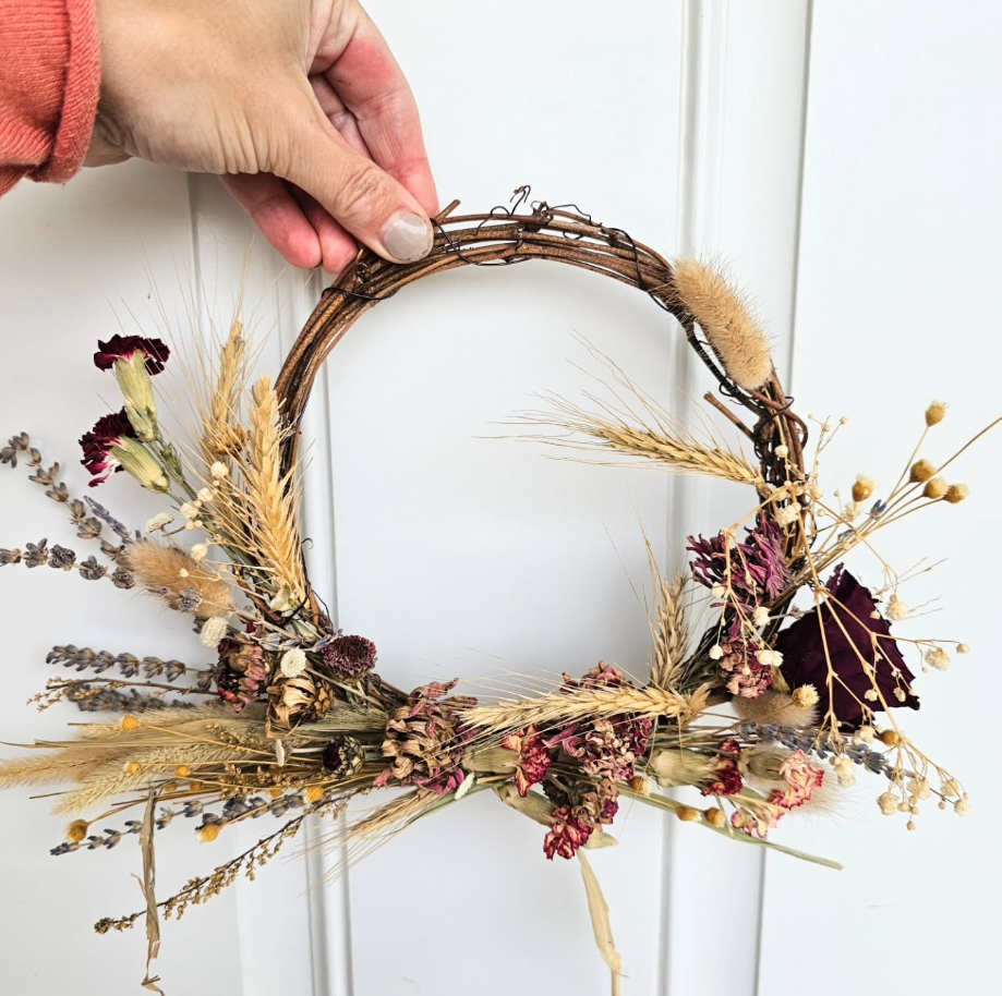 Custom, Garden grown and dried floral wreath, Ivory, Natural and Maroon (small)