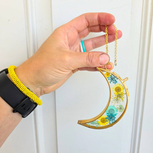 Moon Pressed Flower Frame, Yellow, White and Teal