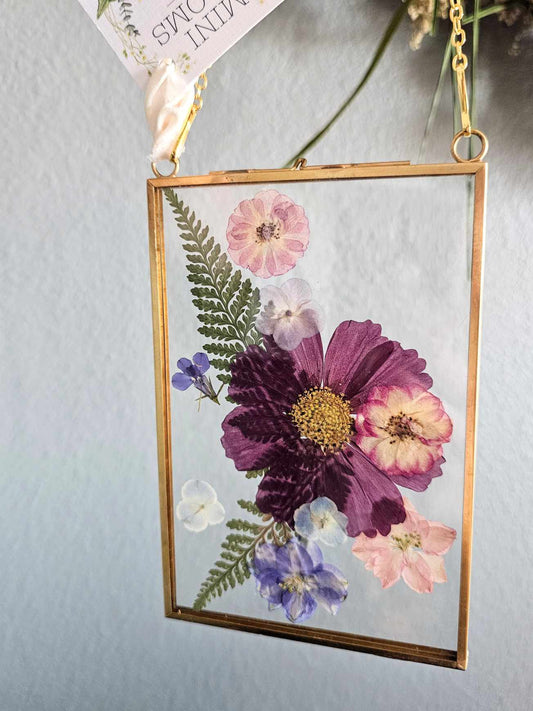 vintage style gold rectangle frame with pressed pink cosmo, blue and purple flowers + ferns