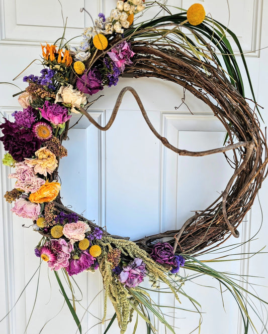 Custom, Garden grown and dried floral wreath, Pink, Yellow and Magenta